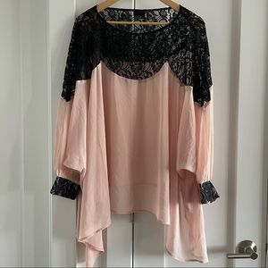 Sheer blush Flowy tunic blouse with black lace trim and detail